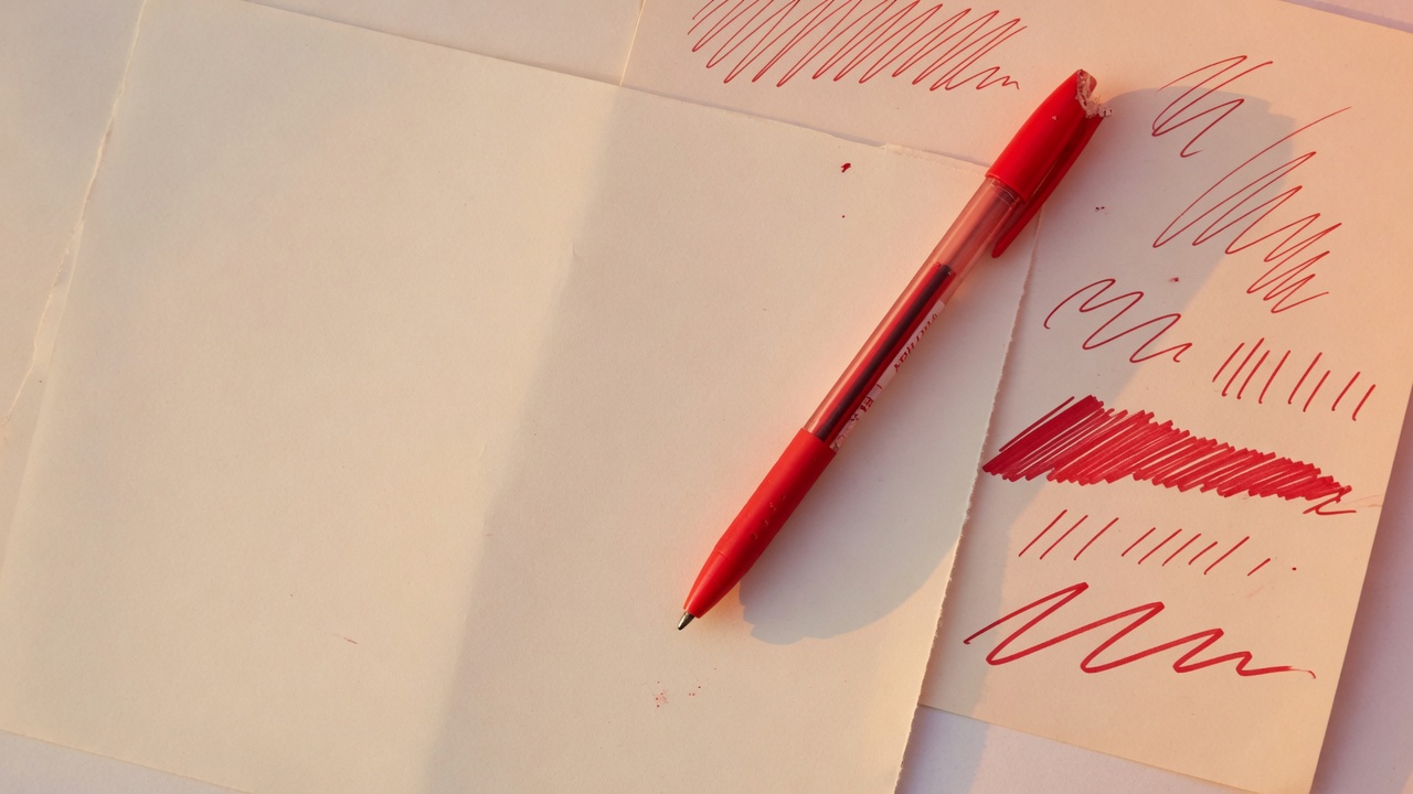A red pen resting on cream essay pages covered in red marks